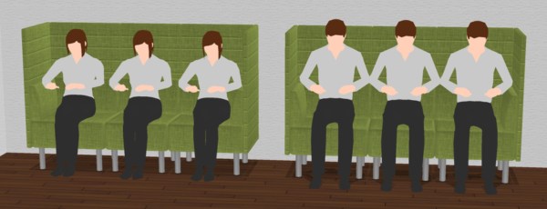 パネルソファの1人あたりの幅が550mmでちょっと狭めなので男性6人が座るとあまり余裕がないというお話をしましたが、モデルを使ってシミュレーションしました。